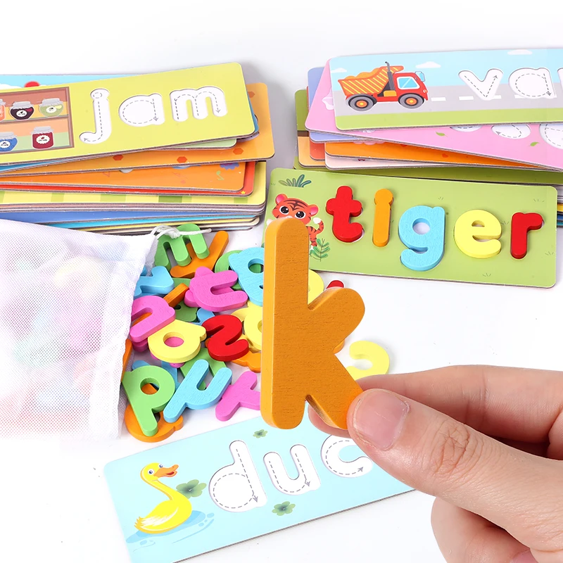 
Wooden spelling word game for children 26 English letters early education cognitive spelling practice picture puzzle teaching 