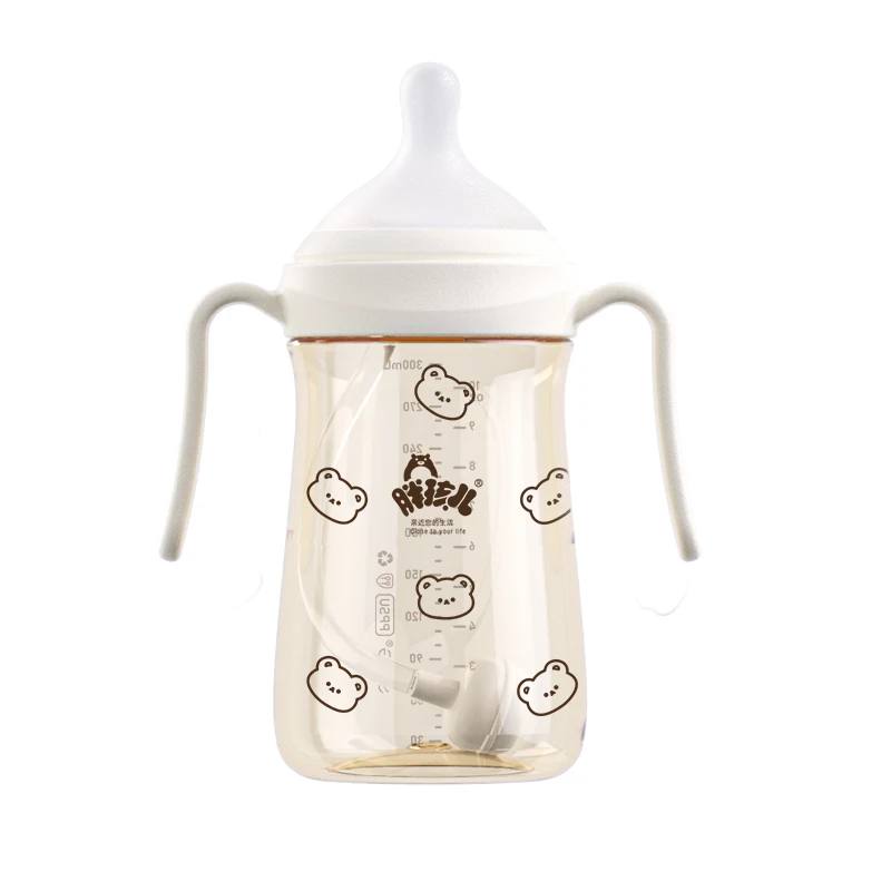 PPSU Baby Feeding Bottle Korea Style Simple Bear Light Durable Sipper Nipple Changeable Off-center Infant Drinking Milk Water