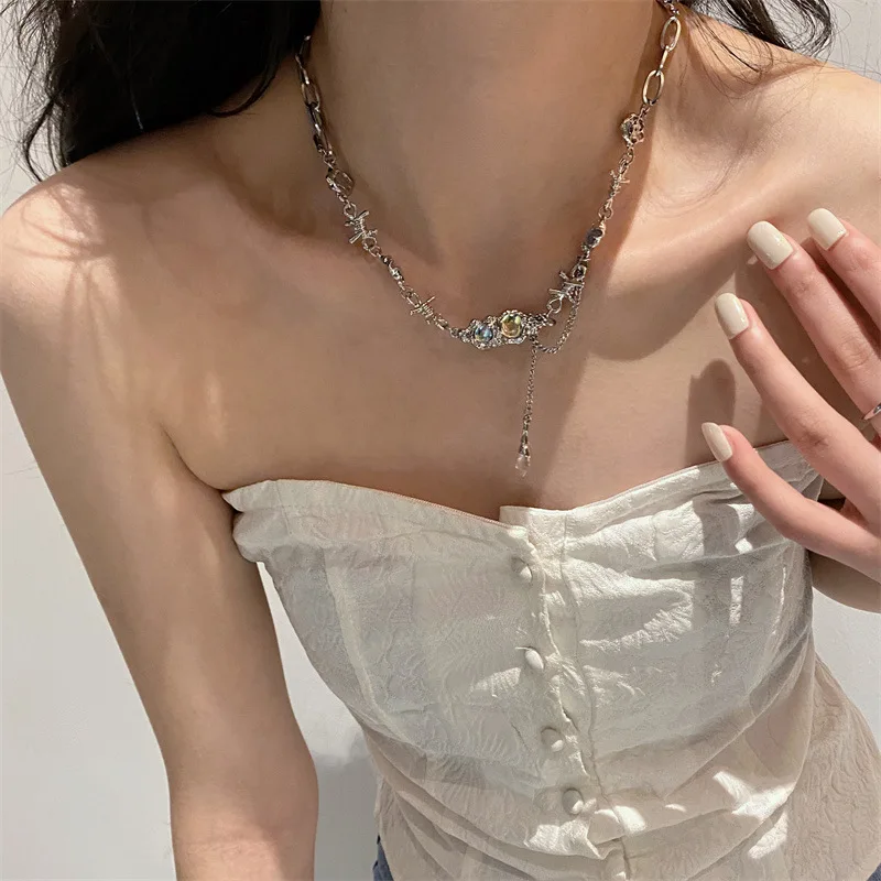 Korean Trendy Designer Sliver Plated Irregular Fold Chain Moonstone Crystal Tassel Necklace Jewelry for Women