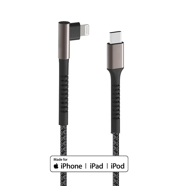 MFi Certified For Apple iPhone Cable 3ft 6ft 10ft 90 Degree Nylon Braided Fast Charger MFi Cable Type C USB C To Lighting Cable