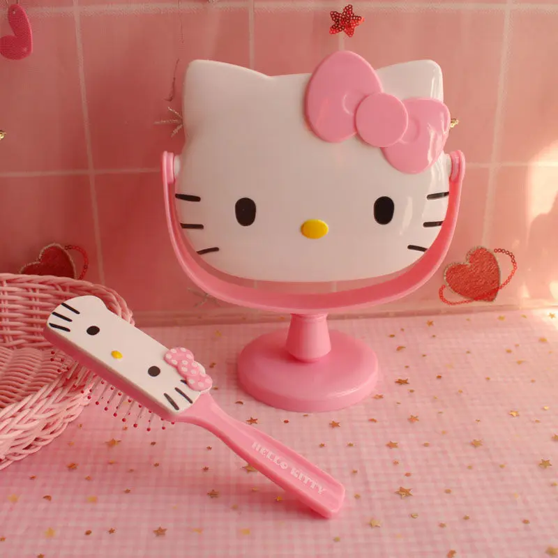 Оптовая продажа, настольное зеркало Kawaii Hello Kitty, одностороннее вращающееся зеркало принцессы, портативное зеркало для макияжа для студентов