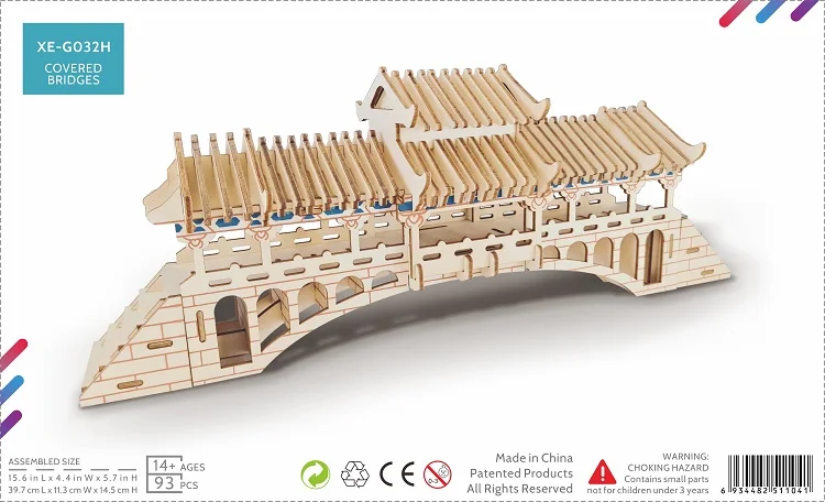 newest design Covered Bridges laser cutting 3D wooden puzzle  for educational toy model