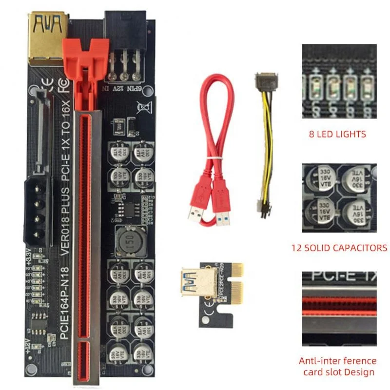 VER018 PLUS PCI-E 1X to 16X USB3.0 60cm Graphics V018 Riser V018 Adapter Card with 12 Solid Capacitors