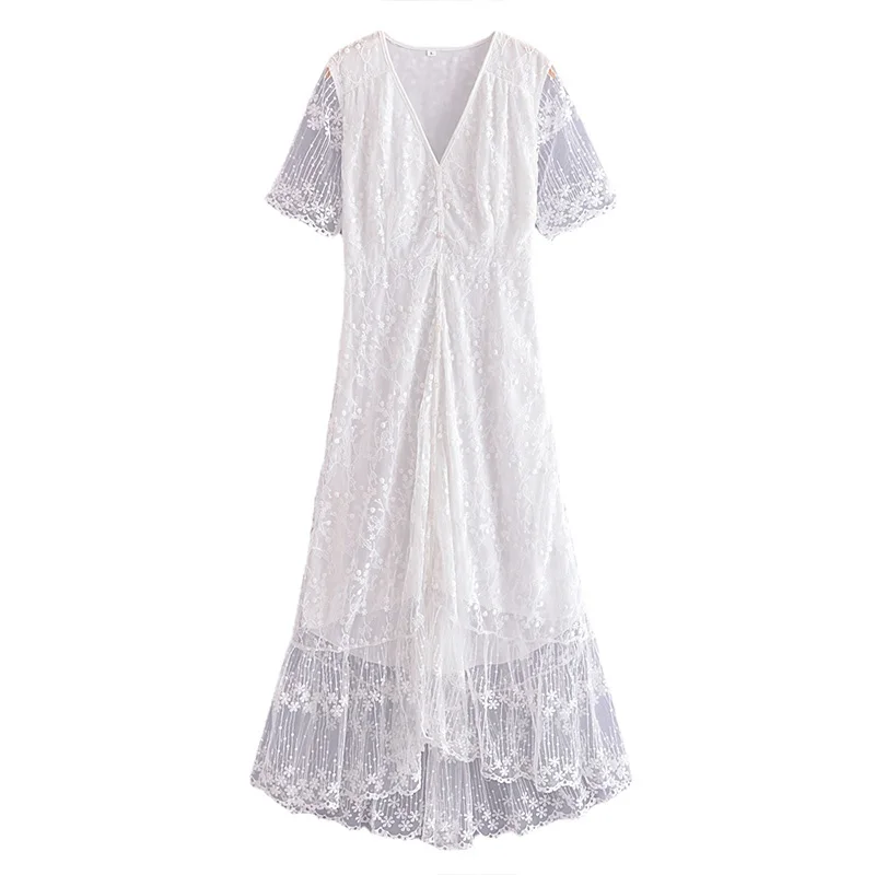 Bohemian White Lace Maxi Dress Women Summer Short Sleeve Floral Embroidery Long Dress Female Elegant Retro Casual Beach Sundress