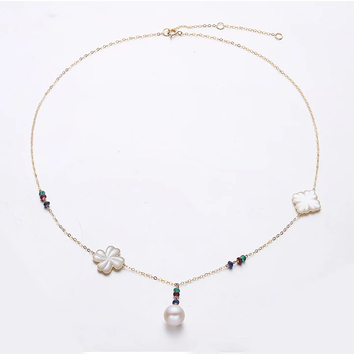 fashion necklace jewelry CNC engraving nature mother oyster 18k gold jewelry ruby sapphire emerald freshwater pearl necklace