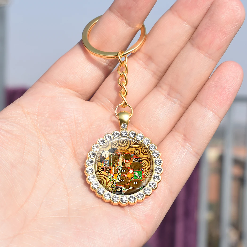 Bling Keychain for Women Gustav Klimt the Kiss Rhinestone Craft Golden Key Pendant Couples Gifts for Boyfriend and Girlfriend