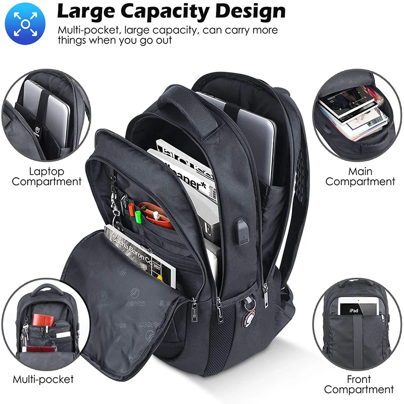 Laptop Backpack Business Bags with USB Charging Port Anti-Theft Water Resistant Polyester School Bookbag for College Travel Back