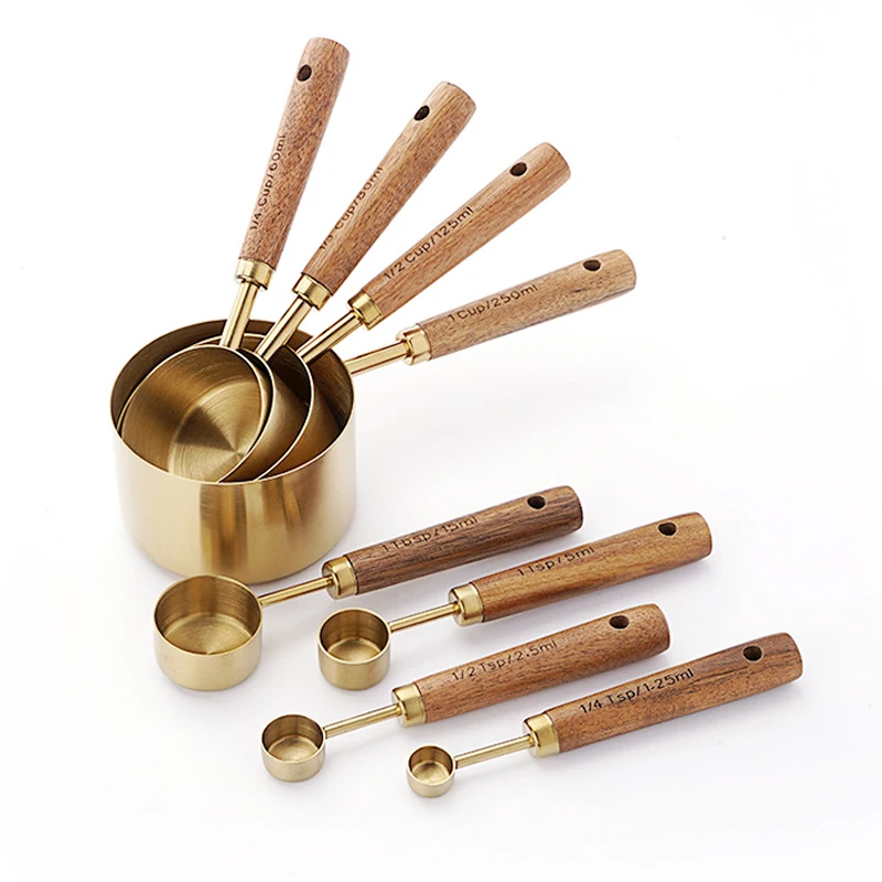 8 Pieces Gold Stainless Steel Coffee Milk Measuring cups and spoons set With Scaled Wood Handle Baking Utensils Tool