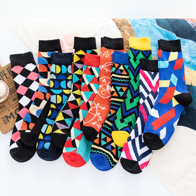 2022Custom Made Funny Pattern Sock Men Colorful Dress Crew Happy Socks Funky Designer Logo Man Geometry Cotton Men Novelty Socks