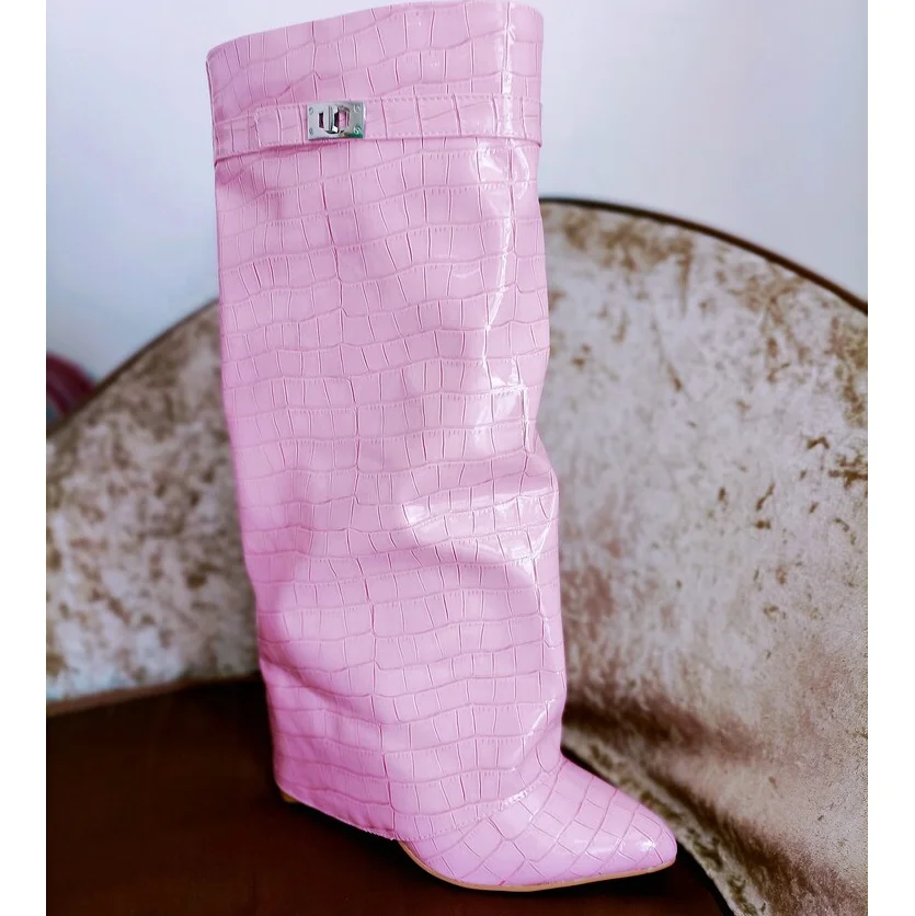 Chendgdu Women Boots Classic Design Fold Knee High Boots Crocodile Red Orange Pointed Toe Side Zipper Chunky Heel Winter Boots