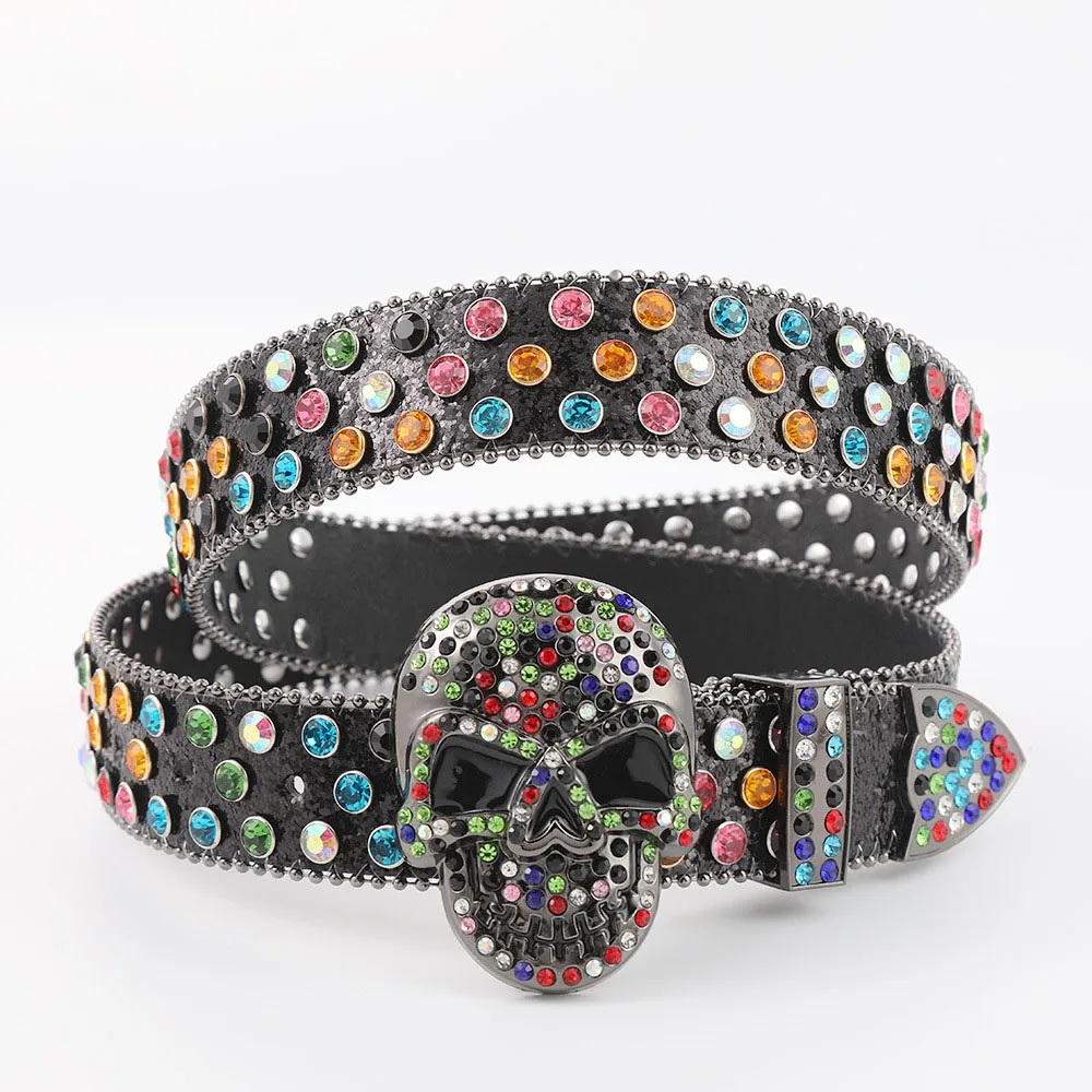 Wholesale Western Crystal Belt Punk Riveted Rhinestone Belt Gothic Skeleton Rhinestone Skull Belt Men Punk Fashion