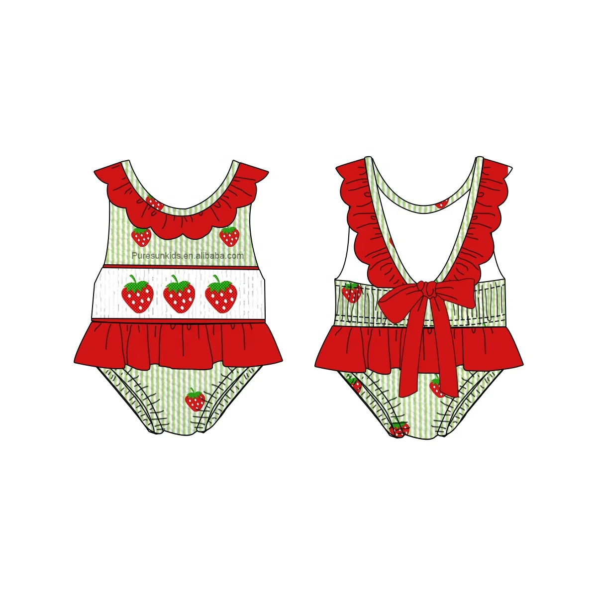 Puresun new design children swimwear scalloped ruffle-strap girl swimwear embroidery wholesale smocked kids swimwear