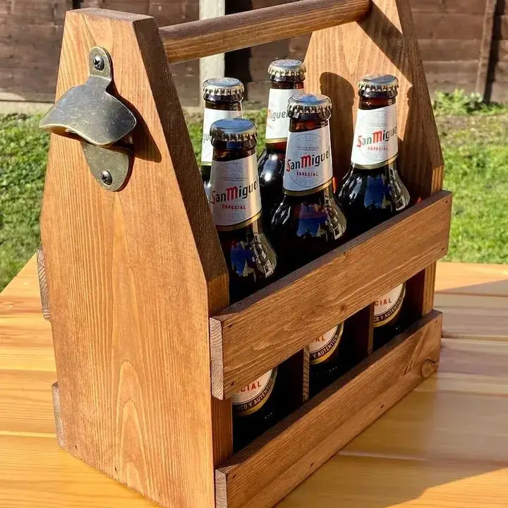 Customized design wooden beer bottle caddy with opener drink storage holder