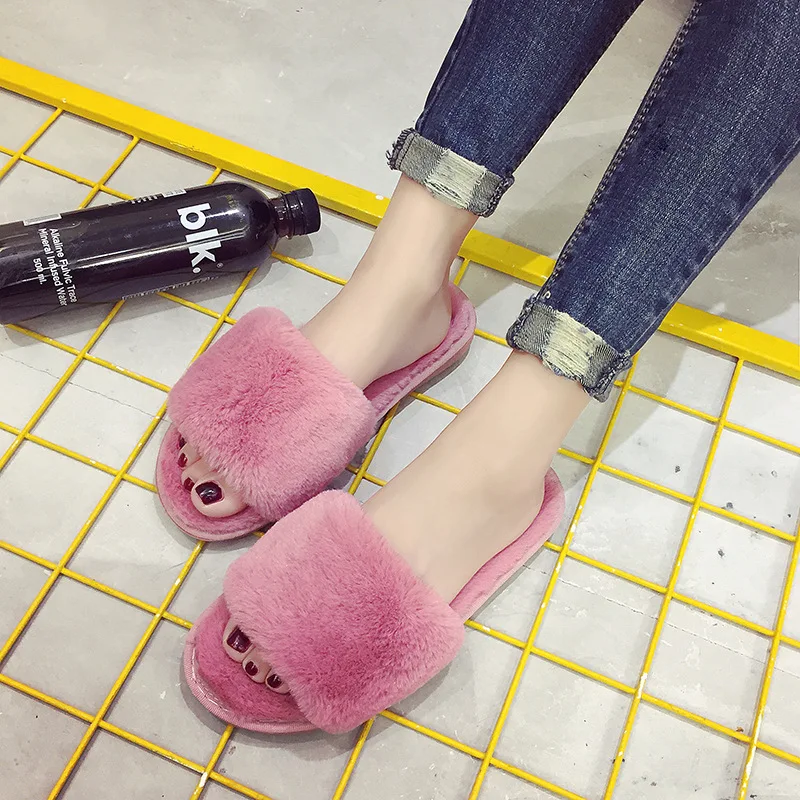 Wholesale Sublimation Blank Open Toe Fur Lined Slippers New Home Indoor Bedroom Women Faux Furry Fur Slides Slippers