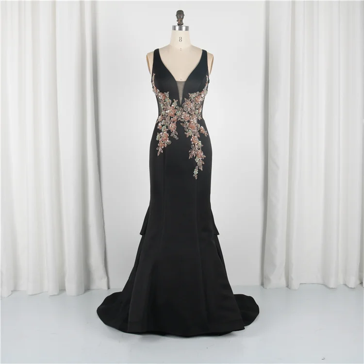 
Real Picture Elegant Deep V Neck Satin Beading Pleated Formal Black Sexy Mermaid Prom Birthday Dresses 