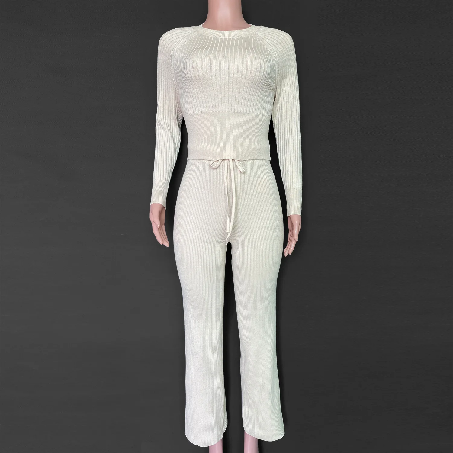 New Arrival High Quality Long Sleeve Wide Leg Knitted Ribbed Two Piece Lounge Wear For Women 3