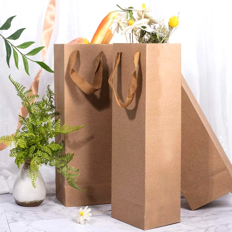 Wholesale Supply Cheap Red Wine Bottle Brown Kraft Paper Gift Bags Custom Printed Logo Packaging With Handles