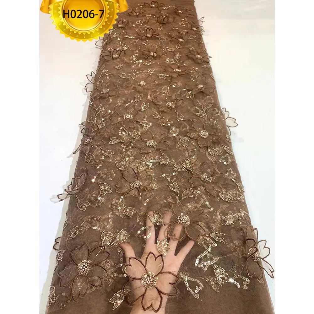 SAKURA shape beads and sequins tulle dress 3d flower lace fabric embroidered coffee color