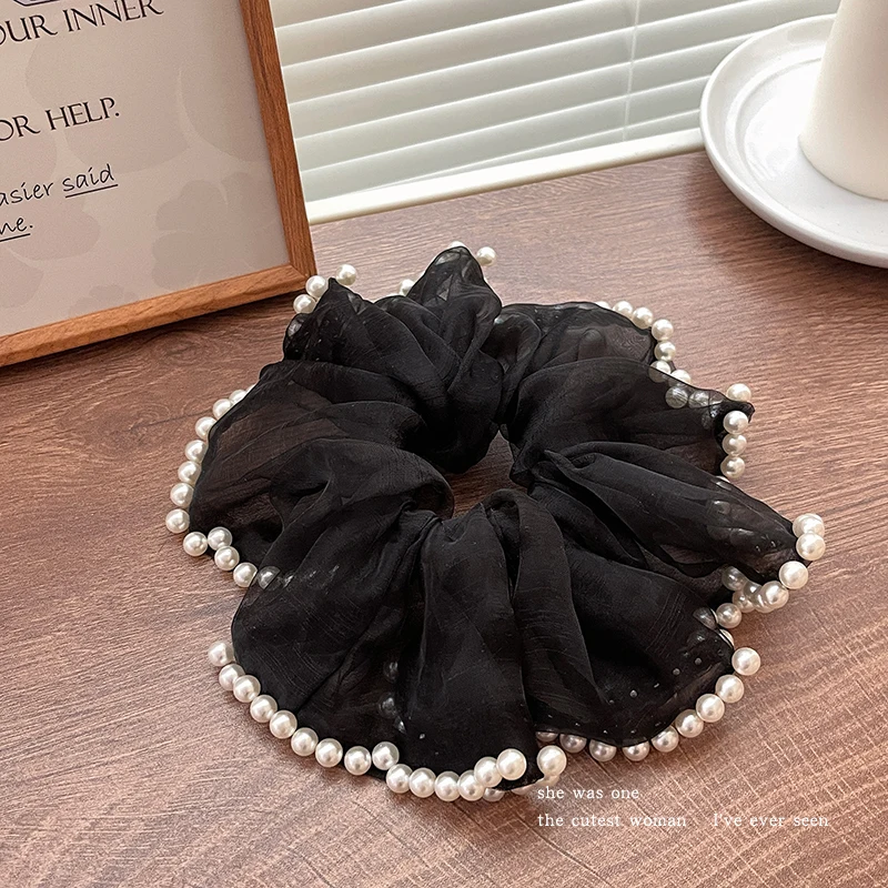 18cm Large Ponytail Holder Hair Tie Elastic Hairbands Oversize Organza Hair Accessories Solid Gauze Pearl Beaded Hair Scrunchies
