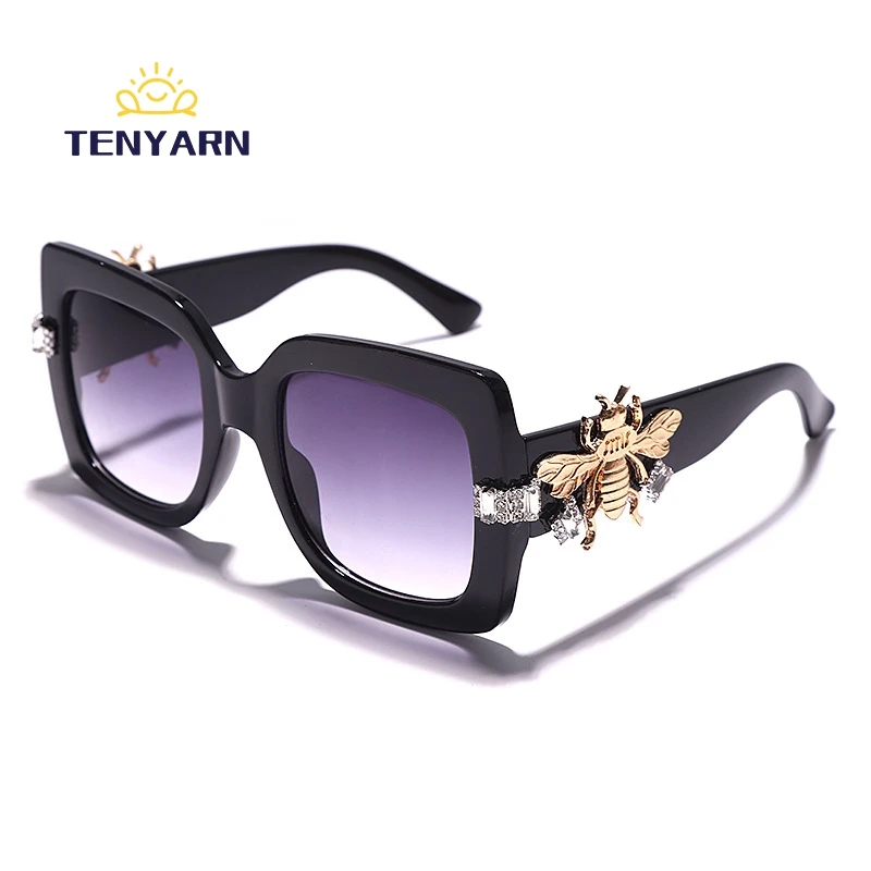 Tenyarn Luxury High Quality Big Square Oversized Bee Bling Rhinestone Diamond Women Men Shades Sun Glasses Sunglasses 2022