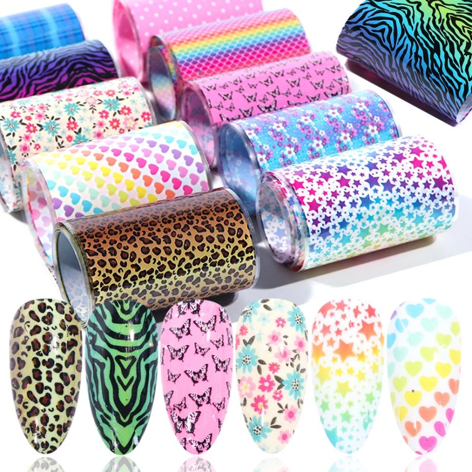 10 Types/Case Holographic Pink Flower Leopard Dot Plaid heart butterfly Mixed Designs Starry Sky Nail Foil Stickers Set