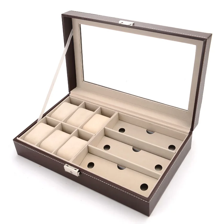 factory 6 Slot Watch 3 Slot Glasses Watches Storage Case Glass Top Watch Case Holder Organizer Storage Box