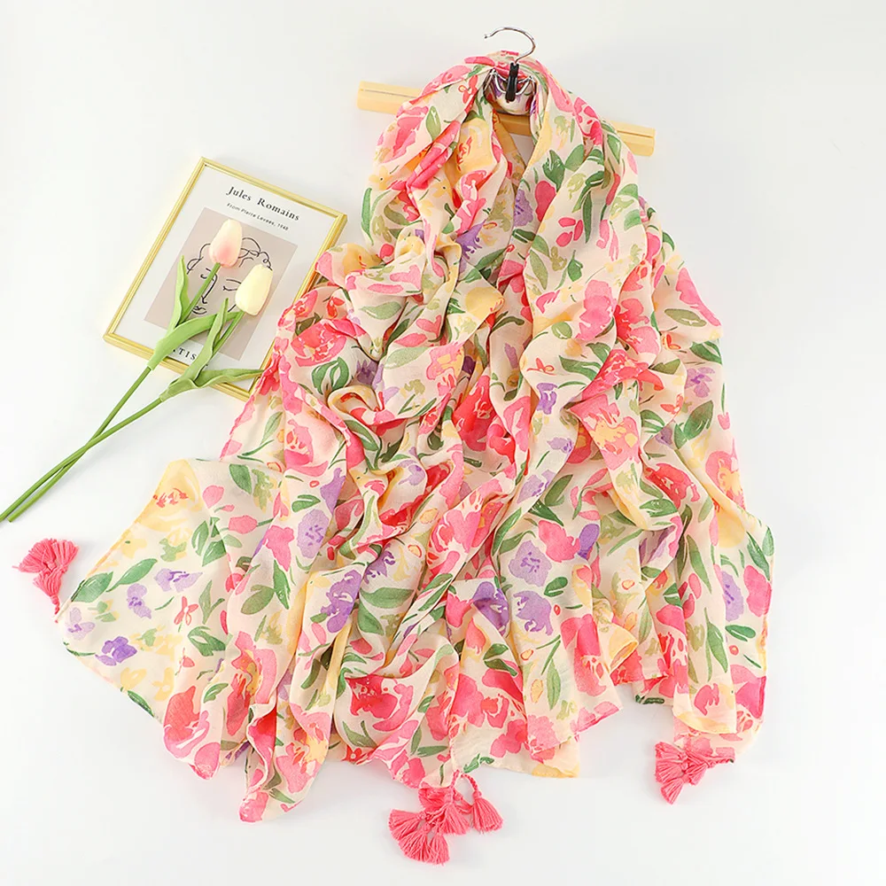 2022 hot selling newest design summer ladies plant flower cotton beach shawls fashion women cotton fabric scarf with tassels