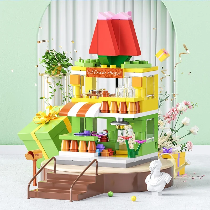 mini shop market street view sets model building blocks hamburger restaurant retail store creative architecture bricks city toy