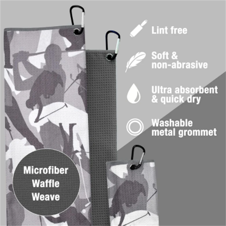 Wholesale Custom Logo Printed Sublimation Microfiber Waffle Golf Towel With Eyelet and Carabiner