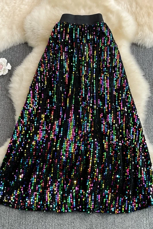 2023 Korean Version High Waist Thin Medium And Long Knee A-line Skirt Fashion Elastic Waist Sequin Large Swing Skirt