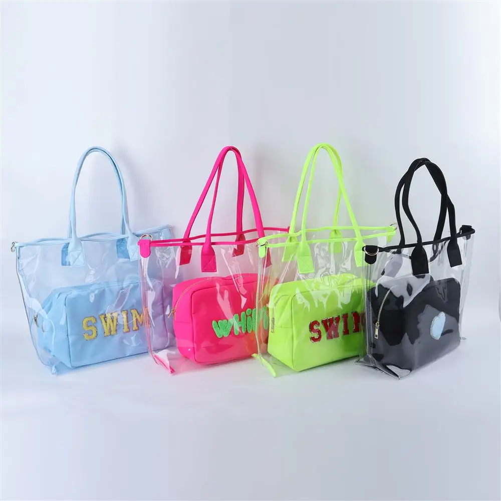 Durable Personalized Chenille Letter Patches DIY Candy Colors PVC Transparent Waterproof Handbag Large Clear Hand Bag Beach Tote