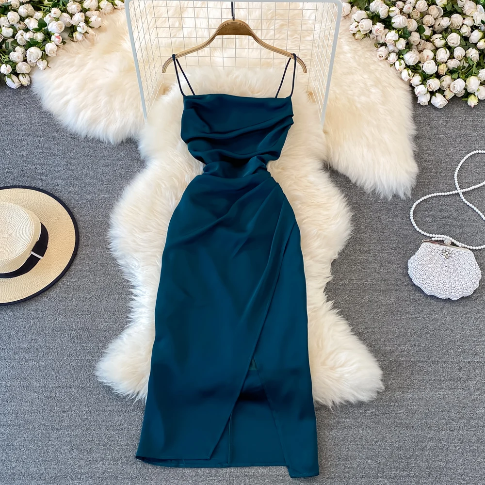 ZL0002 Solid Colour Strapless Midi Party Dresses for Women Sexy Pleated Split Prom Dress in Woven Cloth with Pattern Decoration
