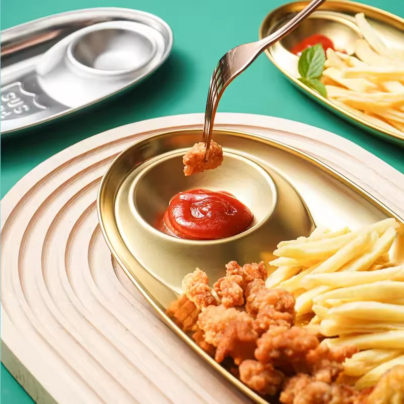Korean Style Metal Golden Pastry Dishes 304 Stainless Steel Plate Dipping Sauce Tray with Seasoning Grid