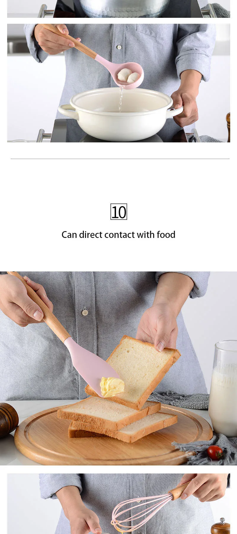 Non-stick Pot Shovel With Storage Bucket Pink Wooden Handle 12pcs Silicone Kitchen Utensil Set