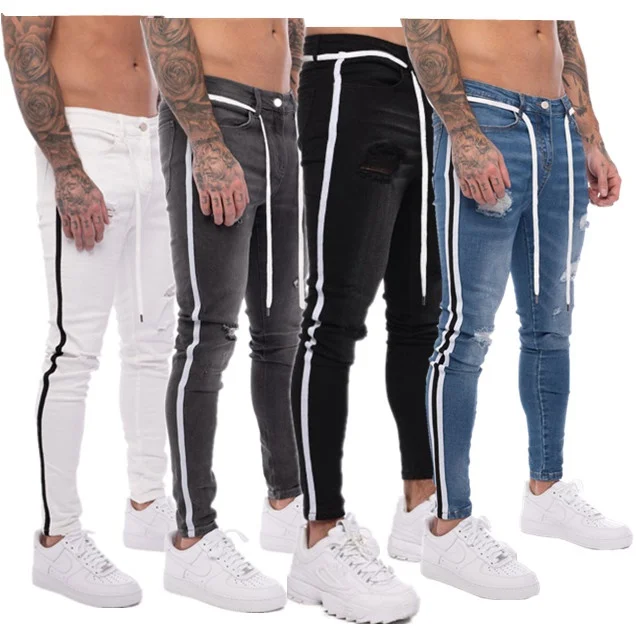 Wholesale custom 2020 side stripe ripped skinny trousers denim fabrics trousers for men casual biker men jeans