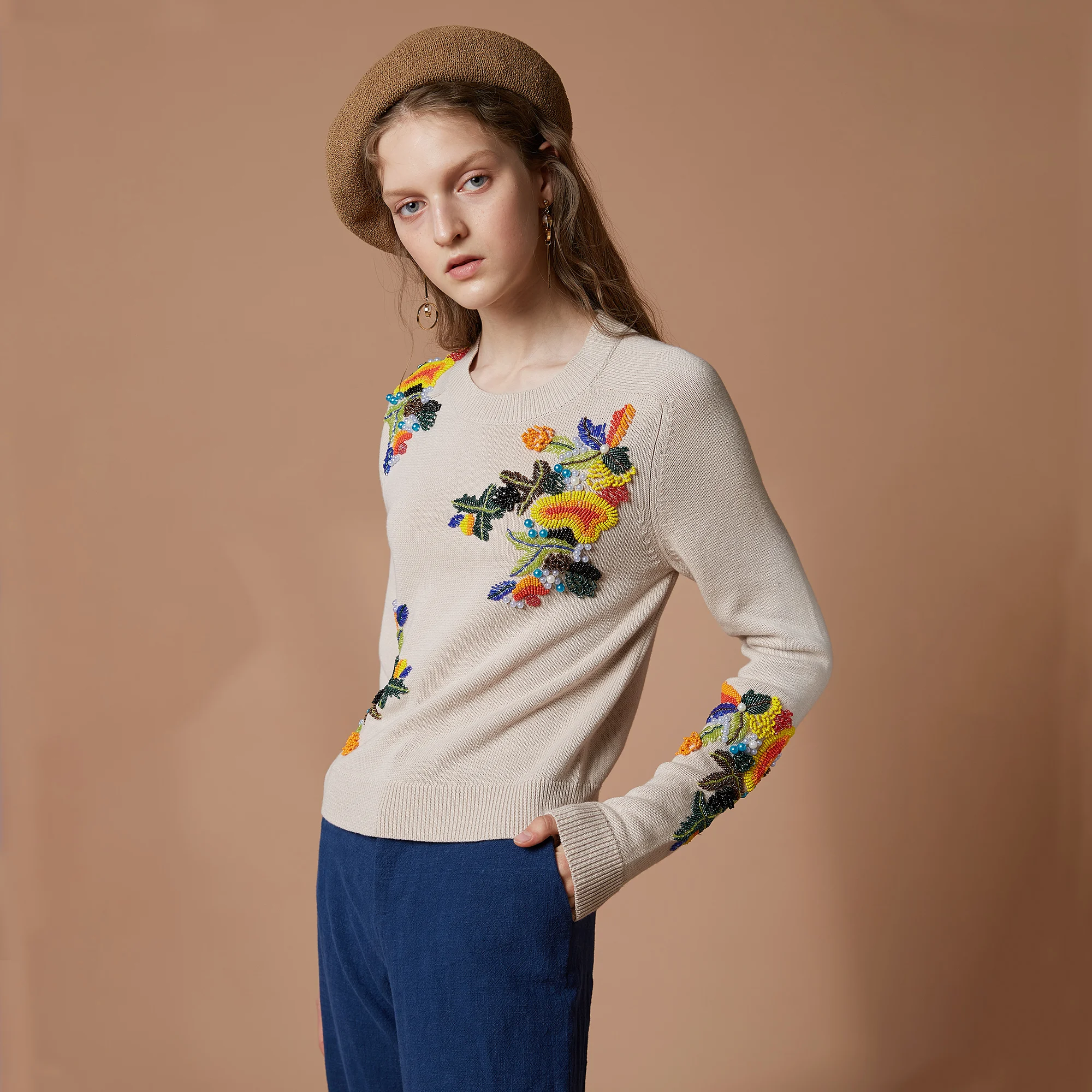 Женский свитер ручной работы с вышивкой бисером 20ALW091 пуловер с длинным рукавом вязаный свитер вязаная одежда