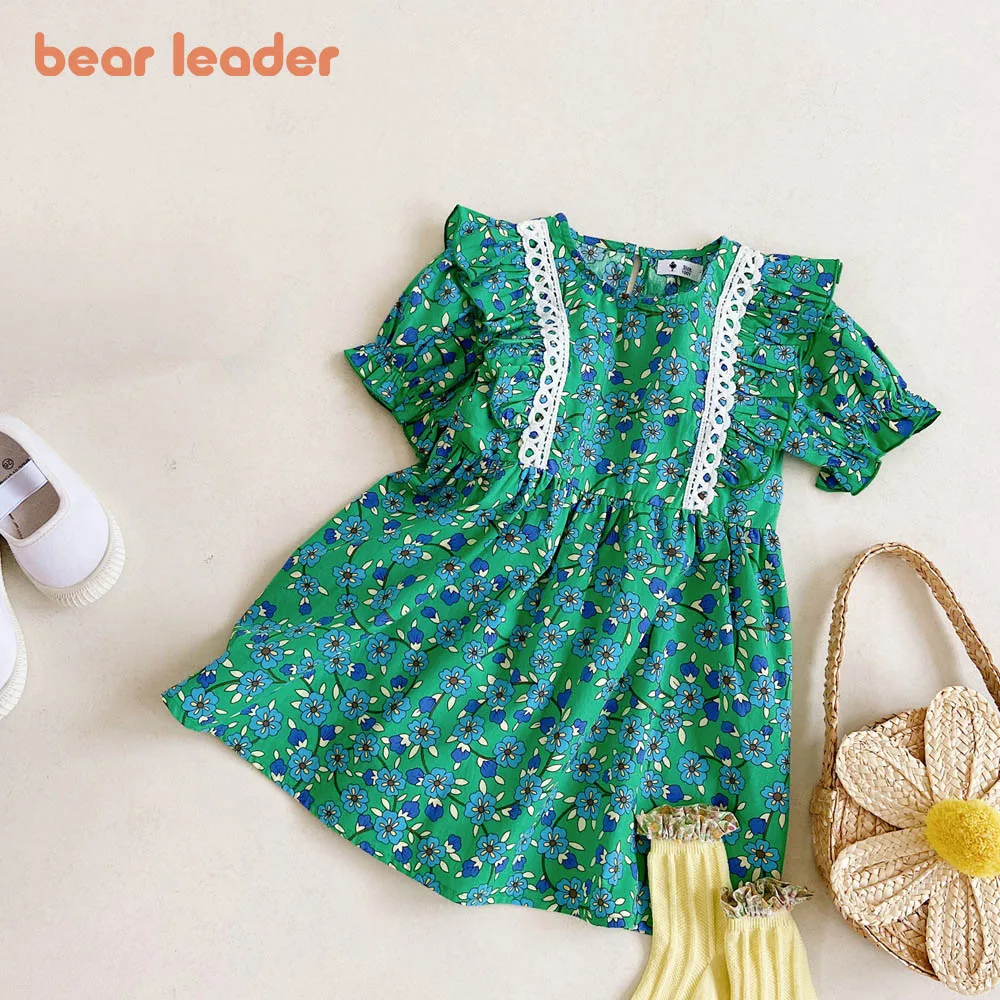 Bear Leader Summer Flower Girls Dresses Lace Short Sleeve Princess Dress Party Birthday Costume Vestidos New Green Kids Clothes