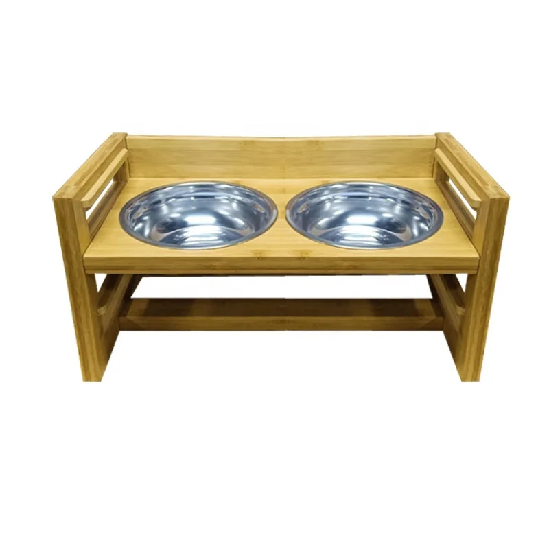 
Wood Food and Water Bowls Stand Feeder for Dogs and Cats Bamboo Pet Feeder with 2 Stainless Steel Bowls 