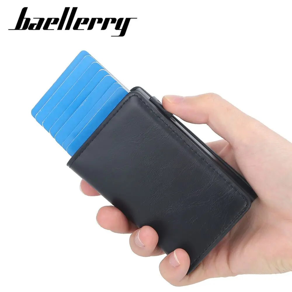 OEM baellerry latest men pop up wallets RFID Blocking Aluminum Automatic Credit Card Holder Case full pu leather pop up wallet