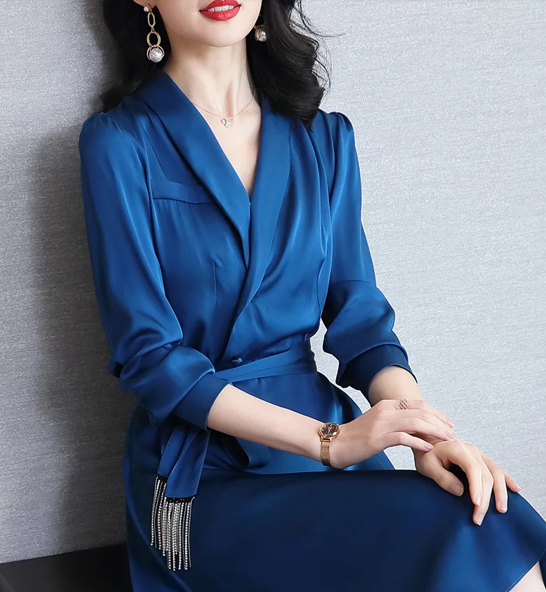 Factory Hot Sale Silk-like Long Sleeve Blazer Dress 2021 Ladies V Neck Satin A Line Notched Collar Office