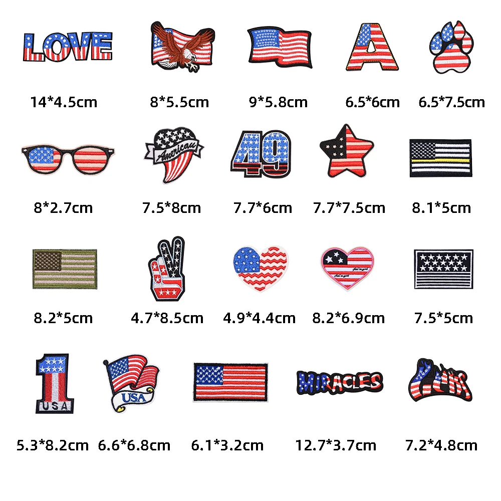hot sale USA Independence Day theme flag heart paw iron on embroidered patches for clothes