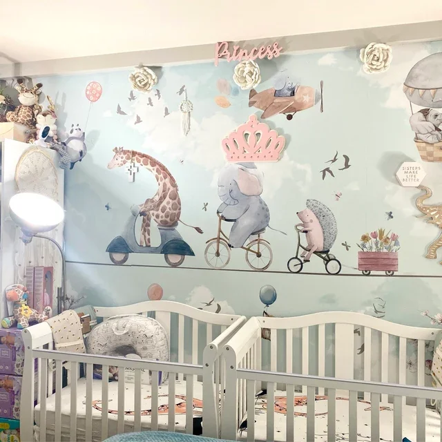 Flying Animals Kids Wallpaper Hot Air Balloon Peel and Stick Self Adhesive, Kids Playroom Decor