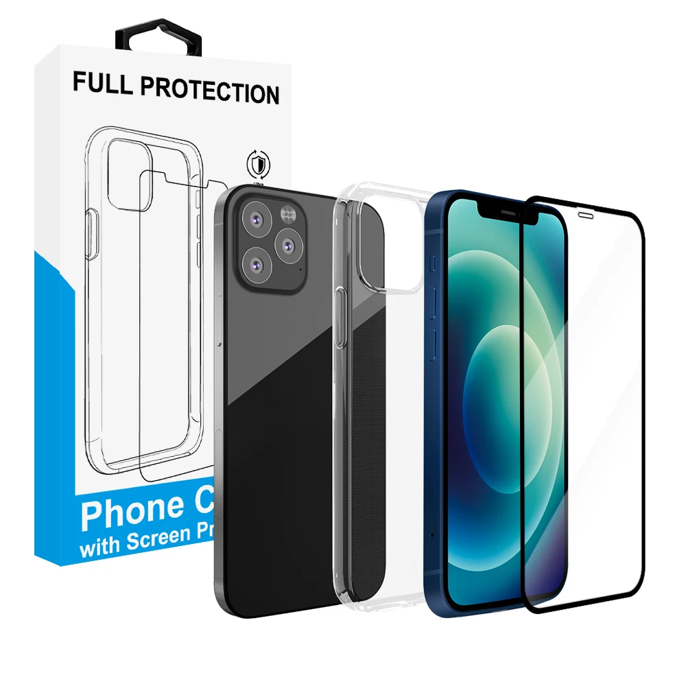 
For iPhone 12 11 0.33mm 2.5D Silkprint Tempered Glass Screen Protector + 1.5mm Mobile Phone Clear Soft TPU Case Set 