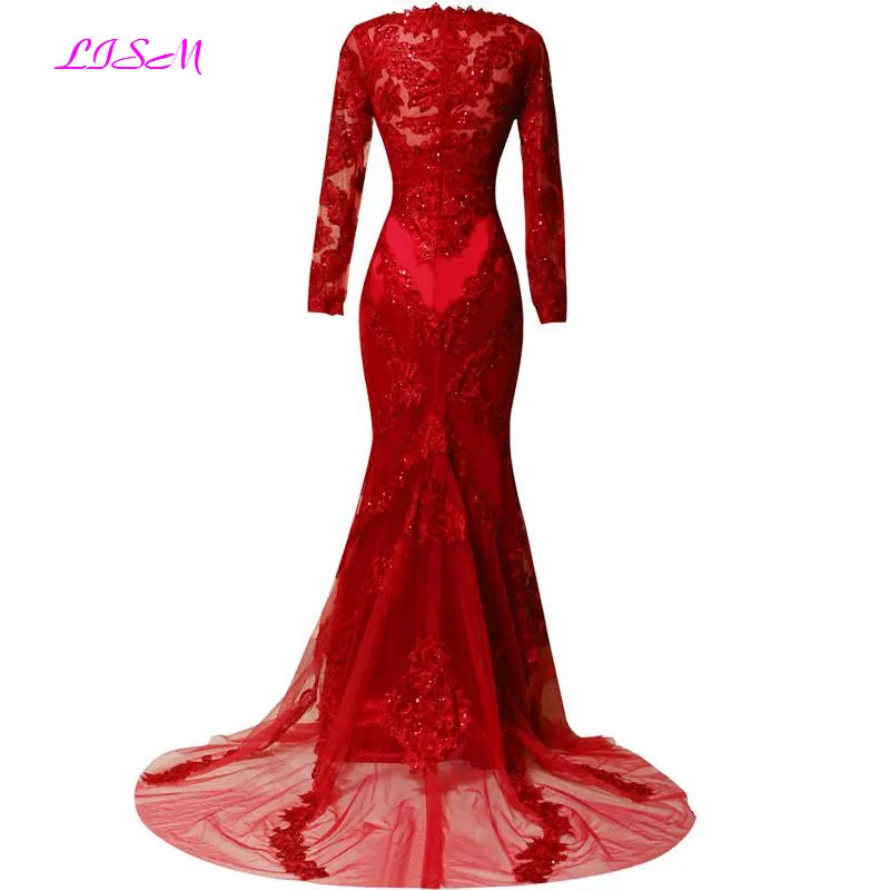 Real Photos Red Full Sleeved Evening Dress 2023 Lace Appliques Mermaid Prom Dresses Elegant Long Sweep Train Formal Party Gowns