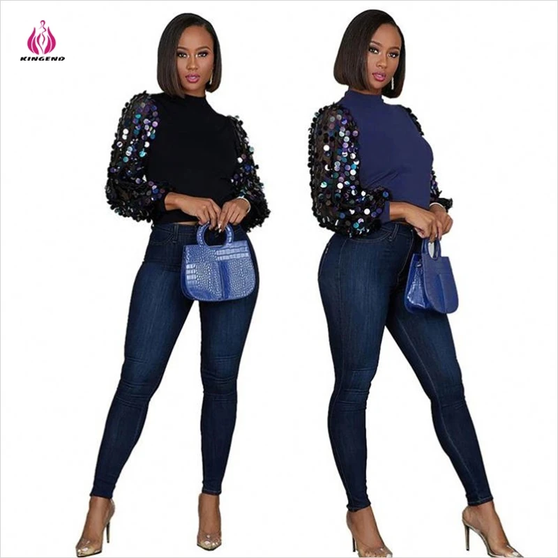 
KG3575 Newest Design Solid Color Round Neck Sequins Sleeve Latest Design 2021 Women Blouse And Shirt 