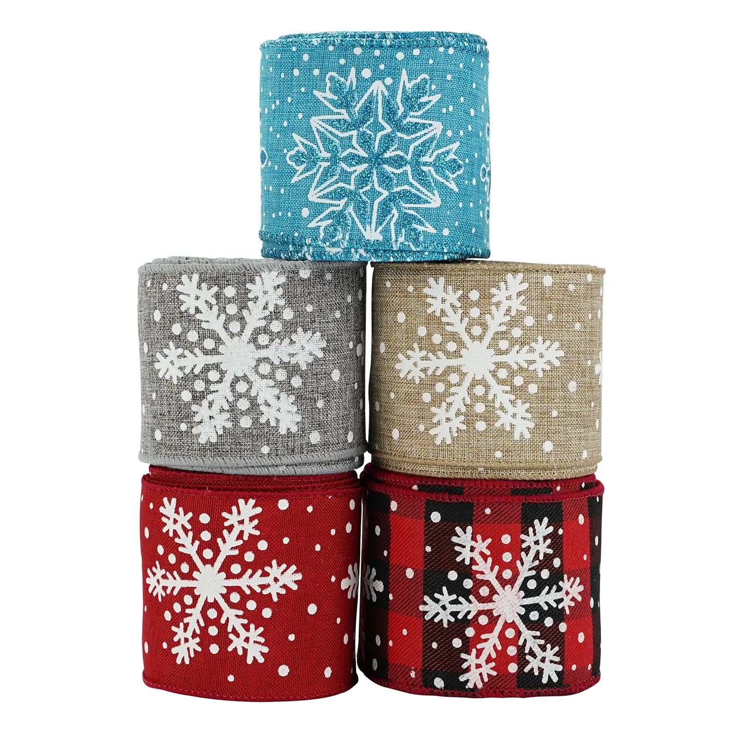 Popular X-mas Ribbon Supplies Stock Sale Check Trim Burlap Ribbon Christmas Snowflake Wired Ribbon for Wreaths Bows Decoration