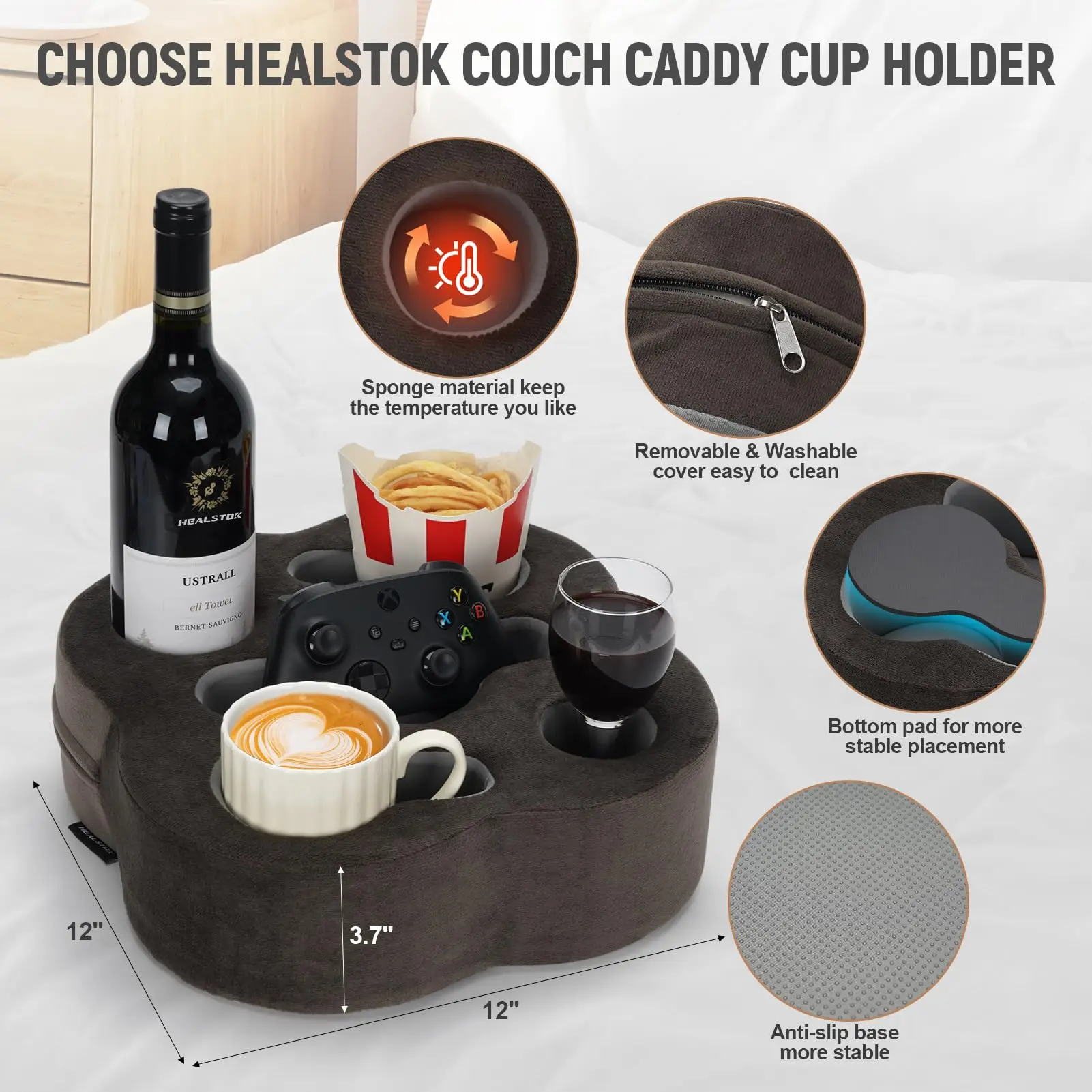 Sofa Organizer Caddy Bed Refreshment Tray for Drinks Couch Cup Holder Pillow