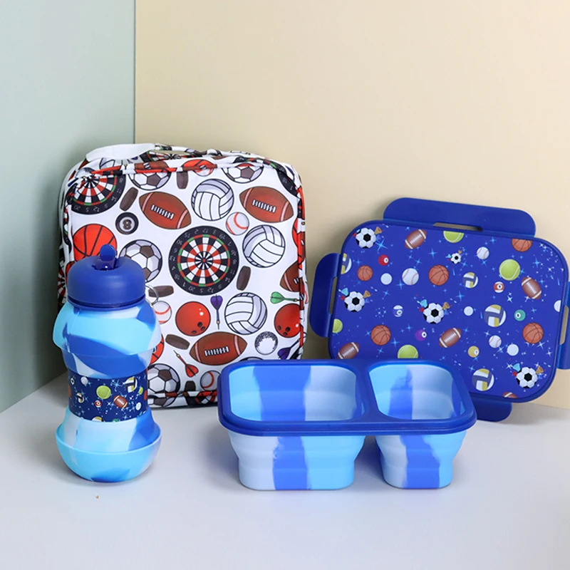 Bpa-Free Odm Custom Logo 2 Compartment Leakproof Durable Silicone Bento Lunch Box For Kids With Silicone Water Bottle