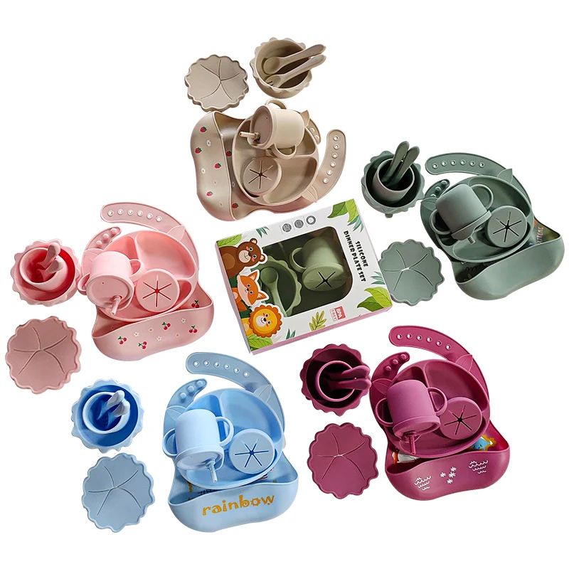 Manufacturer custom baby food grade silica gel tableware baby slip belt suction cup anti-spill feeding tableware set