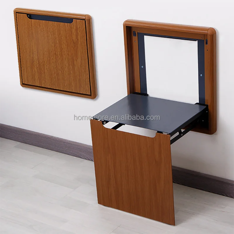 HOMEMORE OEM save space folding chair wood grain Aluminium heavy duty smart flip hidden invisible wall mounted seat bench stool